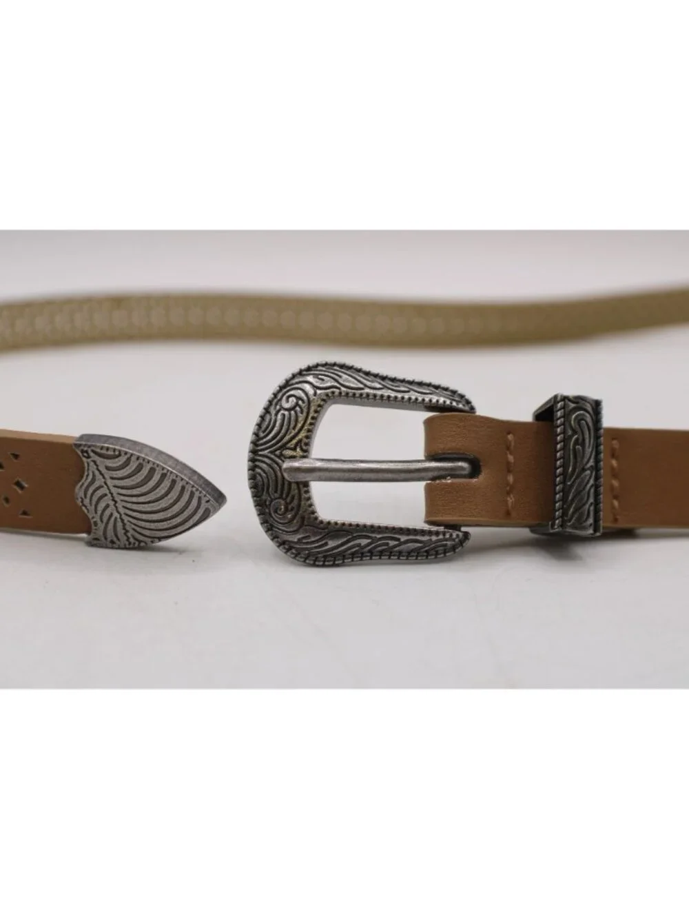 Madden Girl Size Small Tan Laser Belt Engraved Silver-Tone Buckle Western Dress